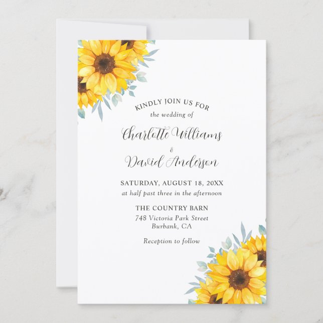 Convite Rustic Watercolor Sunflower Greenery Wedding (Frente)