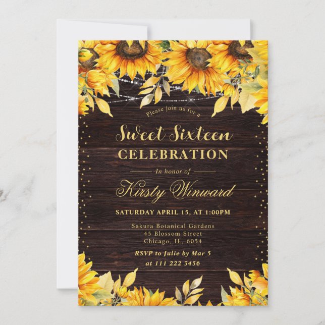 Convite Rustic Watercolor Sunflower Sweet 16 (Frente)