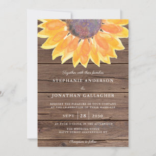 Convite Rustic Watercolor Sunflower Wood Casamento