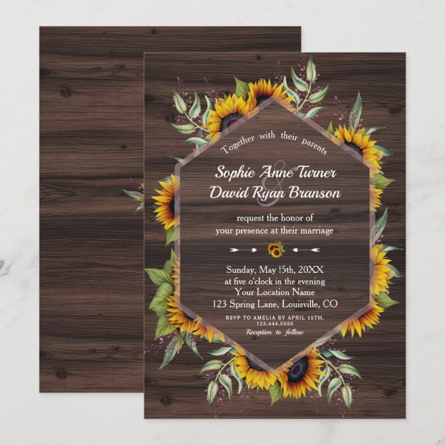 Convite Rustic Watercolor Sunflower Wood Casamento (Frente/Verso)