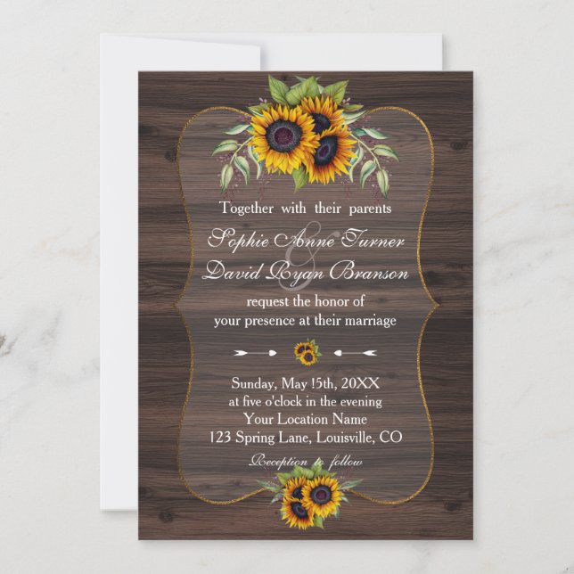 Convite Rustic Watercolor Sunflower Wood Casamento (Frente)