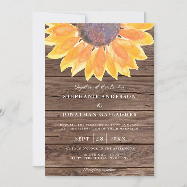 Convite Rustic Watercolor Sunflower Wood Code (Frente)