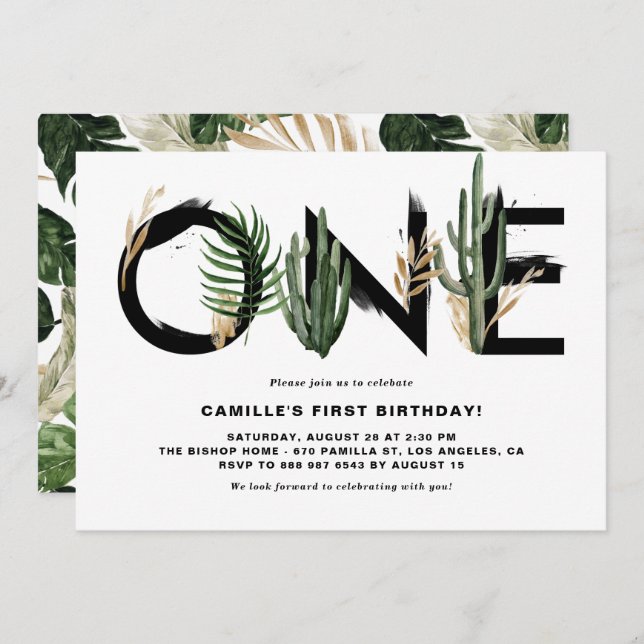 Convite Rustic Watercolor Tropical Folhas Primeiro Anivers (Frente/Verso)