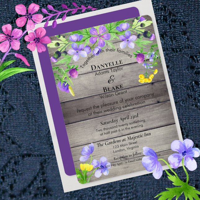 Convite Rustic Watercolor Wildflower Purple Blue Casamento (Criador carregado)