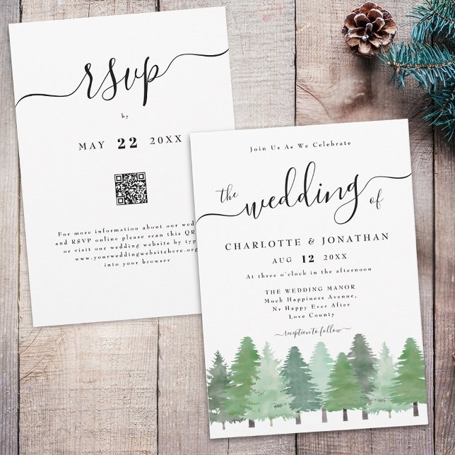 Convite Rustic Watercolor Woodland Forest Casamento Código (Modern watercolor Woodland forest rustic wedding qr code rsvp invitation elegant script )