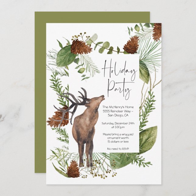 Convite Rustic Watercolor Woodland Reindeer Holiday Party (Frente/Verso)