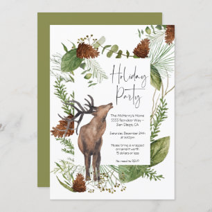 Convite Rustic Watercolor Woodland Reindeer Holiday Party