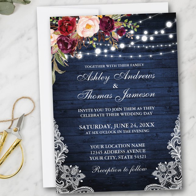 Convite Rustic Wedding Blue Wood Lights Lace Floral Invite (Customize to add more text or photos to back of card.)