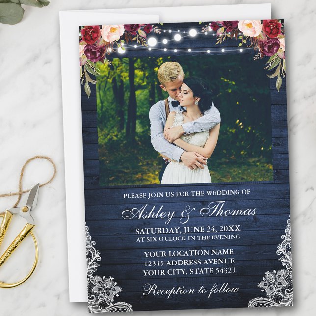 Convite Rustic Wedding Floral Blue Wood Lights Lace Photo (Customize to add more text or more photos to back of card.)