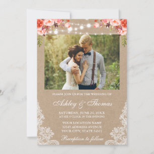 Convite Rustic Wedding Lace Coral Foto Floral Kraft