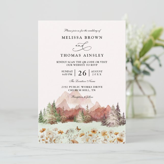 Convite Rustic Wedding Mountain Wildflower QR Code Wedding (Em pé/Frente)
