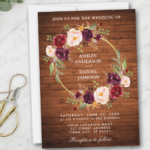 Convite Rustic Wedding Wood Burgundy Floral Wreath Invite