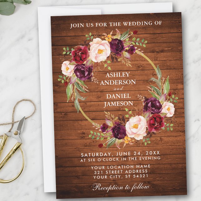 Convite Rustic Wedding Wood Burgundy Floral Wreath Invite (Customize to add more text or photos to back of card.)
