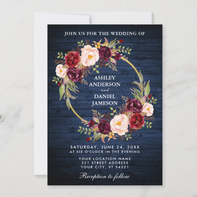 Convite Rustic Weding Blue Wood Burgundy Wreath Invite (Frente)