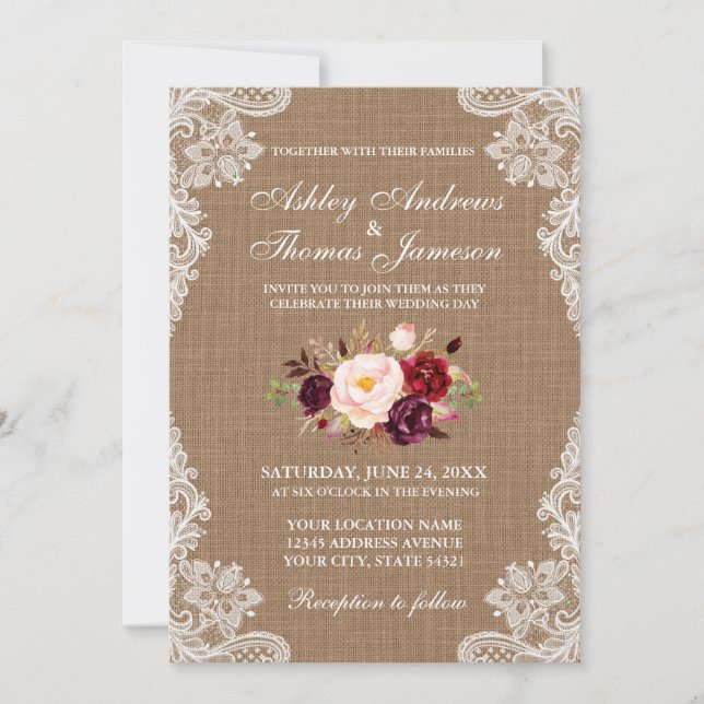 Convite Rustic Wedlap Lace Floral Invite B (Frente)
