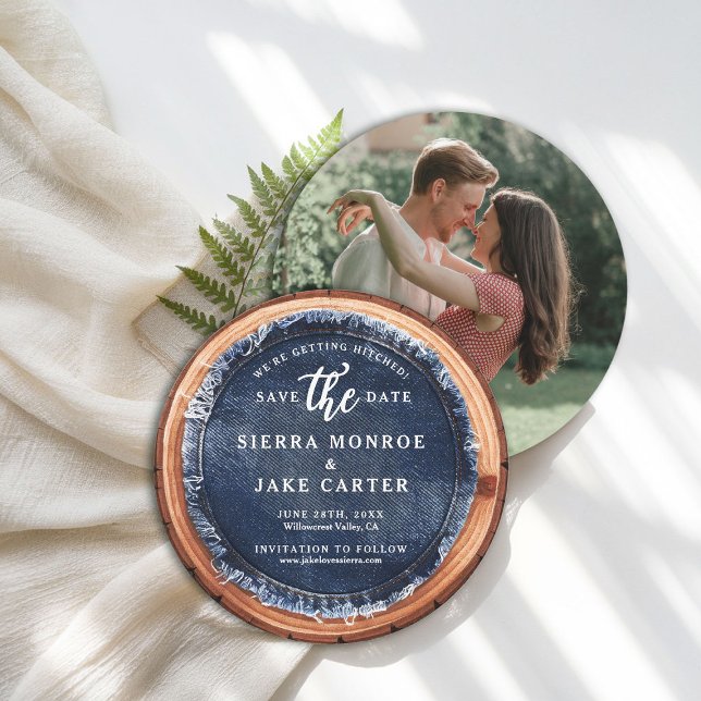 Convite Rustic Weds Save Date Fatia De Madeira Denim Foto (rustic wedding save the date barn wood slice grain denim ranch country western casual chic)