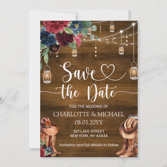 Convite Rustic Western Cowboy Save the Date Wedding (Frente)