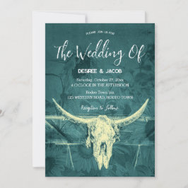 Convite Rustic Western Dark Teal Sunflower Bull Crânio