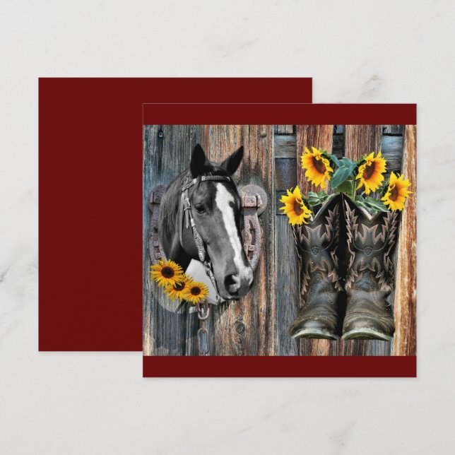 Convite Rustic Western Horse Cowboy Botas Sunflower (Frente/Verso)