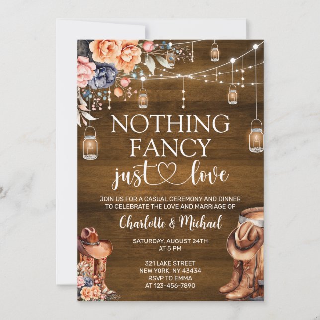 Convite Rustic Western Nothing Fancy Just Love Wedding (Frente)
