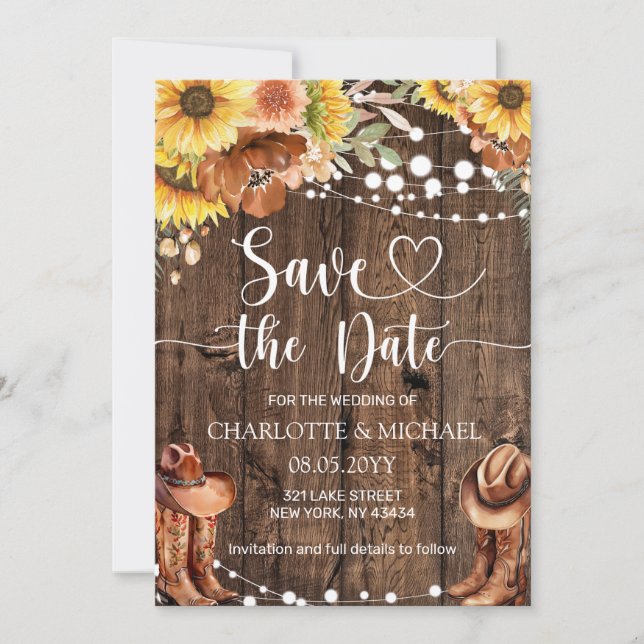 Convite Rustic Western Sunflower Save the Date Wedding (Frente)