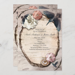 Convite Rustic White Birch Floral & Hummingbird