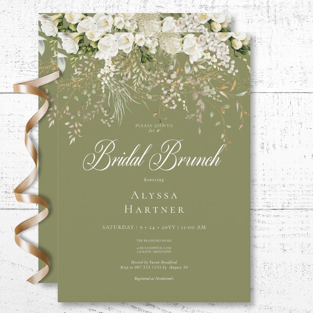 Convite Rustic White Floral Sage Green Bridal Brunch (Rustic White Floral Drop Sage Green Bridal Brunch Invitation)