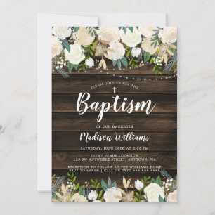 Convite Rustic White Floral String Lights Girl Baptism