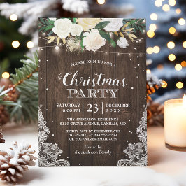Convite Rustic White Flowers String Lights Festa de Natal