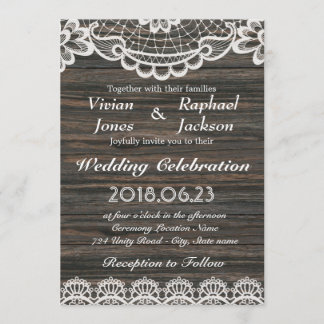 Convite Rustic White Lace and Wood Weding