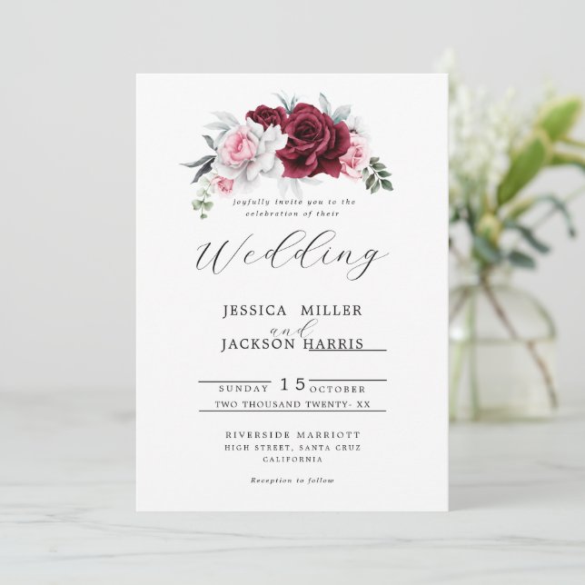 Convite Rustic White Maroon Rose Floral Wedding (Em pé/Frente)