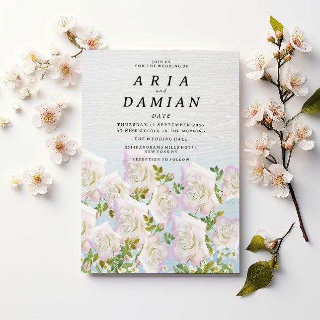 Convite Rustic white wood pink mint roses Wedding (Rustic white wood pink mint roses Wedding )