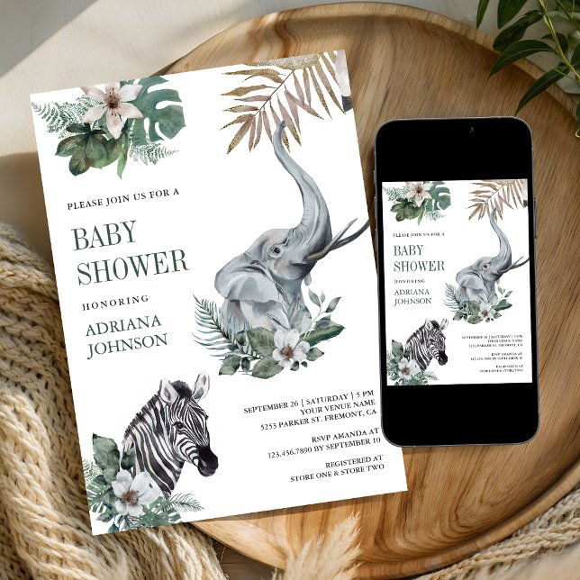 Convite Rustic Wild Safari Zebra and Elephant Baby Shower (Criador carregado)
