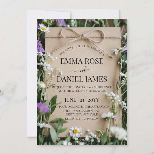 Convite Rustic Wildflower Botanical Kraft Paper Wedding (Frente)