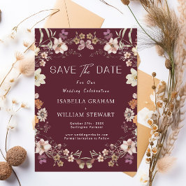 Convite Rustic Wildflower Burgundy Boho Salvar Data