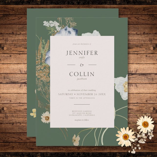 Convite Rustic Wildflower em Sage Green Wedding (Rustic Wildflowers on Sage Green Wedding Invitation)