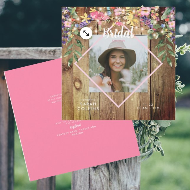 Convite Rustic Wildflower Photo Chá de panela Wood Invit (Criador carregado)