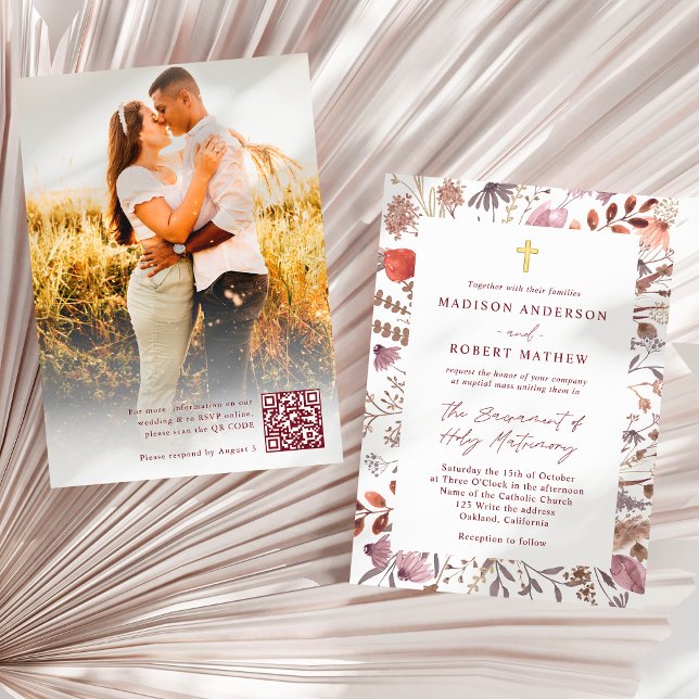 Convite Rustic Wildflowers Photo QR Code Catholic Wedding (Criador carregado)