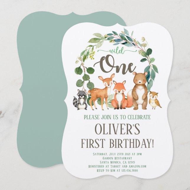 Convite Rustic Wiltic One Woodland Invitation Boy (Frente/Verso)