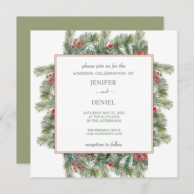 Convite Rustic Winter Berry Pine Greenery Wedding (Frente/Verso)