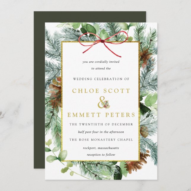 Convite Rustic Winter Botanical Pine Weding Invita (Frente/Verso)