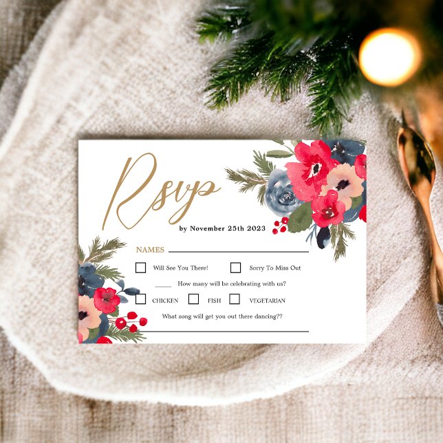 Convite Rustic Winter Floral Watercolor Wedsvp (Rustic Elegant Winter Floral Watercolor Wedding rsvp)