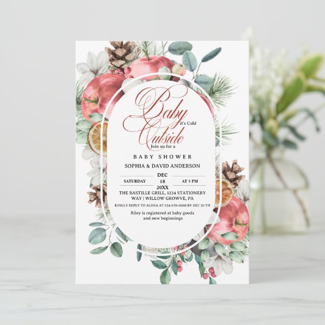 Convite Rustic Winter Greenery Cold Outside Baby Shower  (Em pé/Frente)