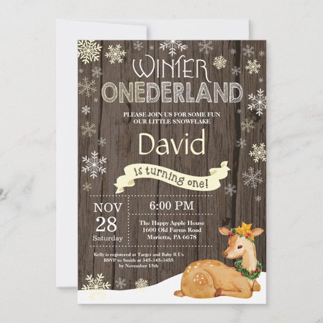 Convite Rustic Winter Onederland Deer primeiro aniversario (Frente)