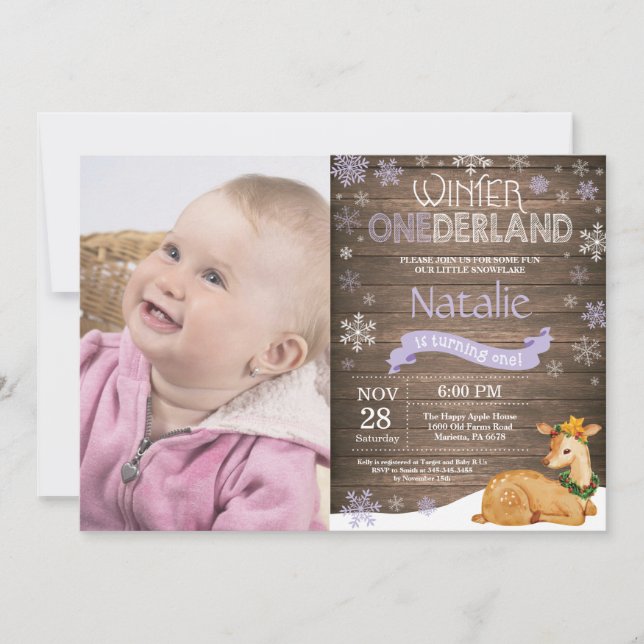 Convite Rustic Winter Onederland Deer primeiro aniversario (Frente)