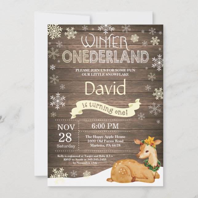 Convite Rustic Winter Onederland Deer primeiro aniversario (Frente)