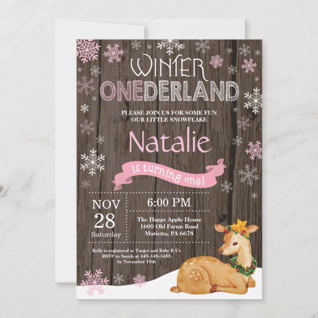 Convite Rustic Winter Onederland Deer primeiro aniversario (Frente)