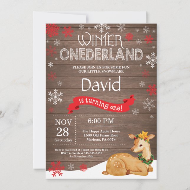 Convite Rustic Winter Onederland Deer primeiro aniversario (Frente)