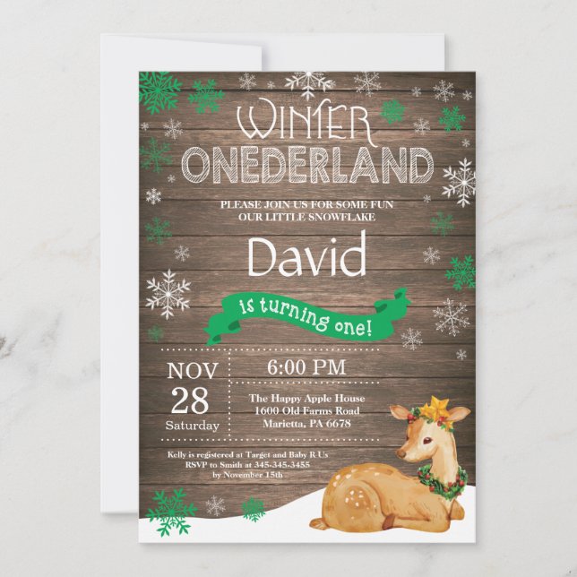 Convite Rustic Winter Onederland Deer primeiro aniversario (Frente)