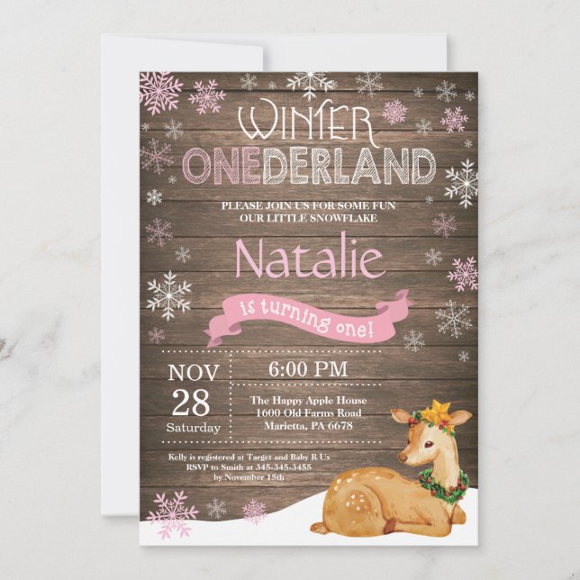 Convite Rustic Winter Onederland Deer primeiro aniversario (Frente)